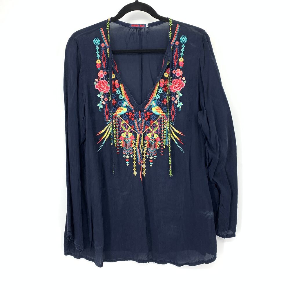 Johnny Was Blouse Womens L Navy Bird Floral Embroidery Deep V Neck Tunic